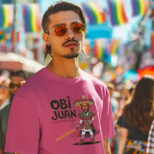 Camiseta para hombre con la imagen de un caballero Jedi con sombrero mexicano y poncho, acompañado del texto "Obi Juan"