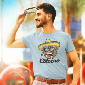 Camiseta de hombre con la imagen de una persona con gorro mexicano en estado de embriaguez y el texto "Colocao".