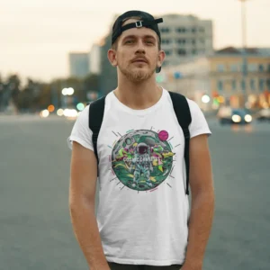 Camiseta de hombre con un astronauta y el texto "Cosmic Canvases".