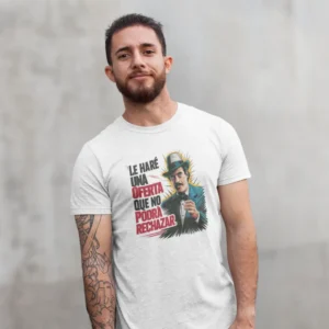 Camiseta de hombre con diseño de gangster al estilo "El Padrino", mostrando una figura con traje y sombrero, y el texto "Te haré una oferta que no podrás rechazar"