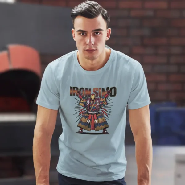 Camiseta para hombre con diseño de Iron Man transformado en un luchador de sumo japonés, con el texto "Iron Sumo", de la sección de camisetas con temática de superhéroes y cultura japonesa