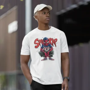 Camiseta de hombre con diseño de Spider-Man al estilo rapero y el texto "Spider Rap"