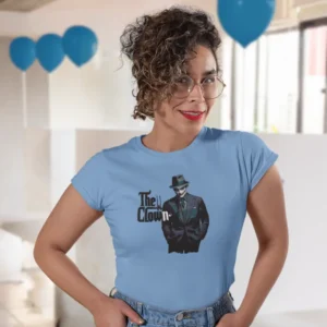 Camiseta para mujer con el Joker de Batman vestido como un mafioso italiano, acompañado del texto "The Clown".