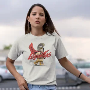 Camiseta para mujer con una figura de Leonidas de 300 al estilo LEGO, con el texto "Legonidas".