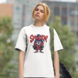 Camiseta para mujer con Spiderman vestido como rapero, acompañado del texto "Spider Rap".