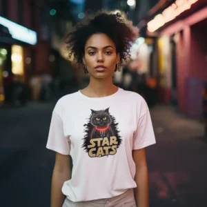 Camiseta para mujer con un gato vestido como villano de Star Wars, acompañado del texto "Star Cats"