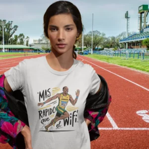 Camiseta de mujer con la imagen de Usain Bolt corriendo con la camiseta de Jamaica y el texto "Más Rápido que el WiFi".