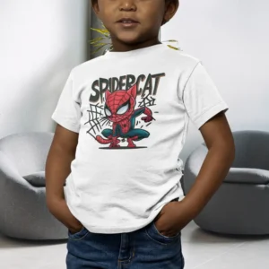 Camiseta infantil con un gato disfrazado de Spider-Man y el texto SpiderCat.