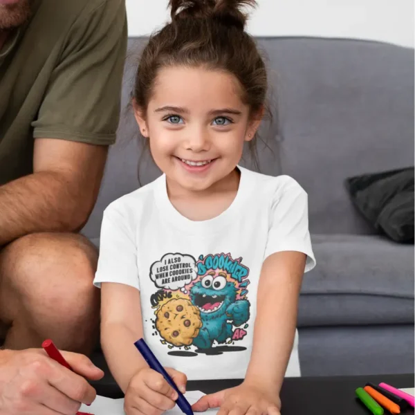 Camiseta color con la imagen del monstruo de las galletas y el texto "I Also Lose Control When Cookies Are Around".