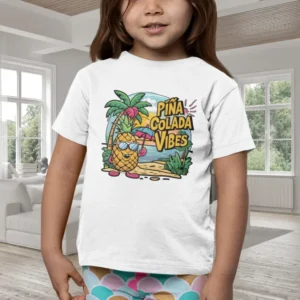 Camiseta color con la imagen de una piña en una playa tropical y el texto "Piña Colada Vibes".