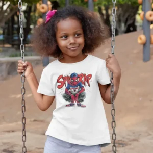 Camiseta infantil con Spider-Man vestido de rapero y el texto Spider Rap.