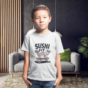 Sushi levantando pesas con el texto "Sushi Fit".