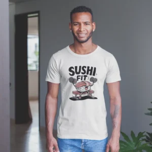 Camiseta de hombre con un sushi levantando pesas en el gimnasio y el texto "Sushi Fit".