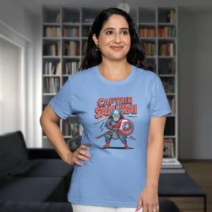 Camiseta para mujer con Capitán América vestido como un samurái, acompañado del texto "Capitán Samurái".